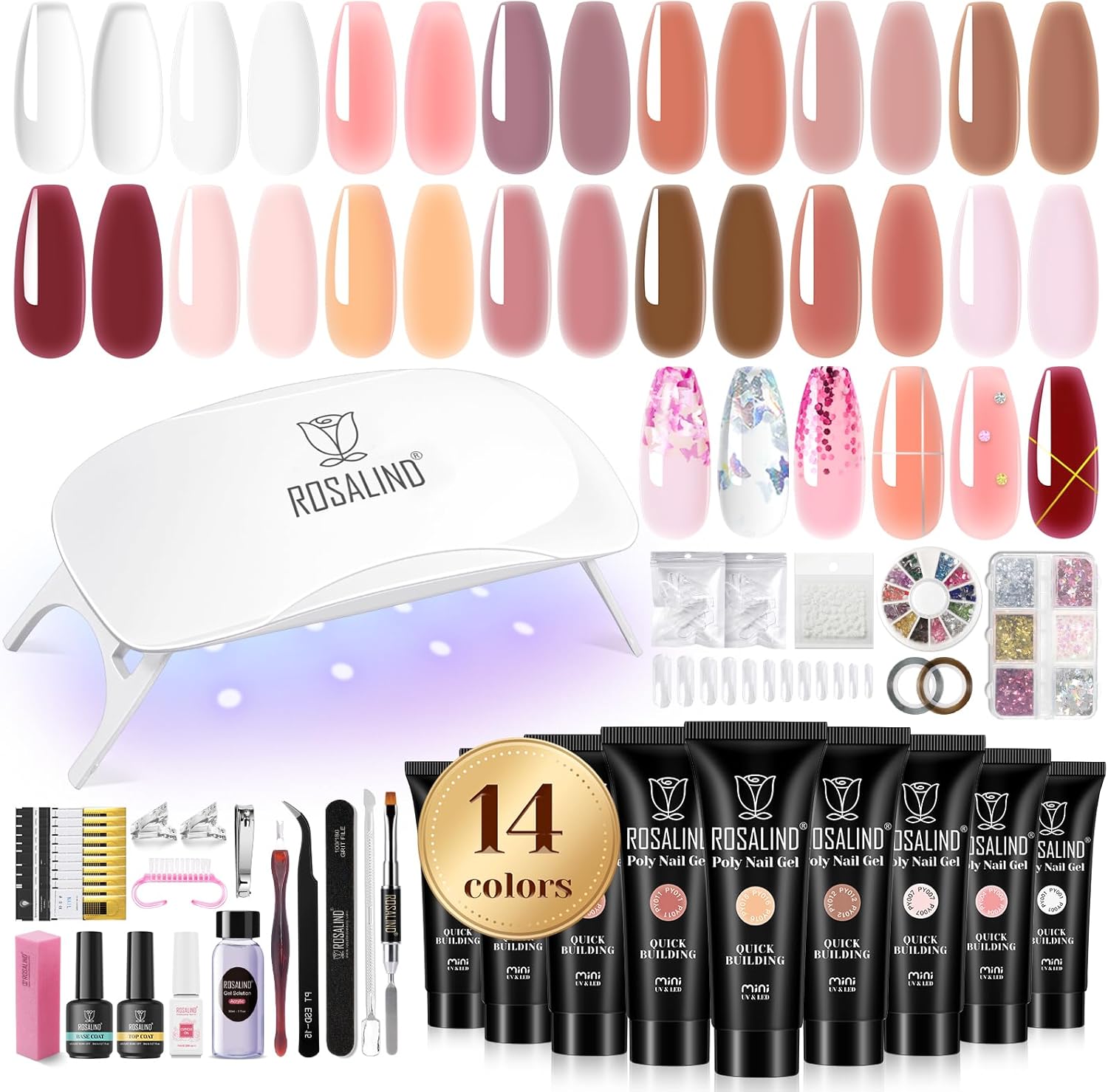 Rosalind Poly Nail Gel Kit with 14 colors and accessories front view