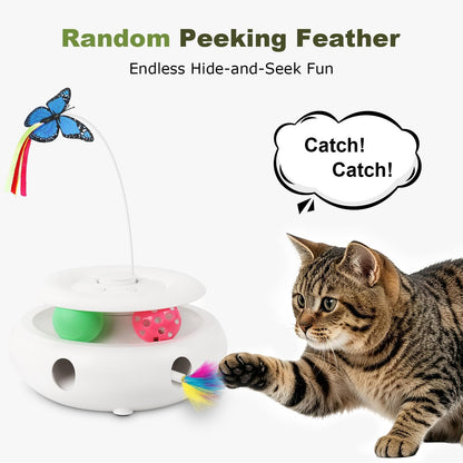 Smart sensor cat toy with a colorful ambush feather popping out from the side ventilation hole.