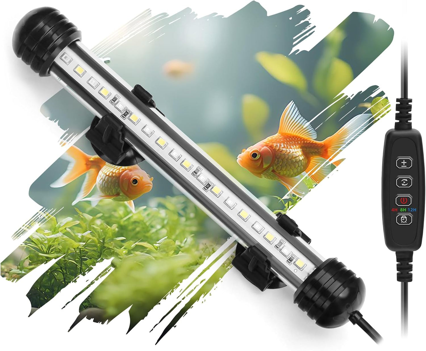 Novique LED submersible aquarium light front view illuminating a clear fish tank with white and blue lighting.