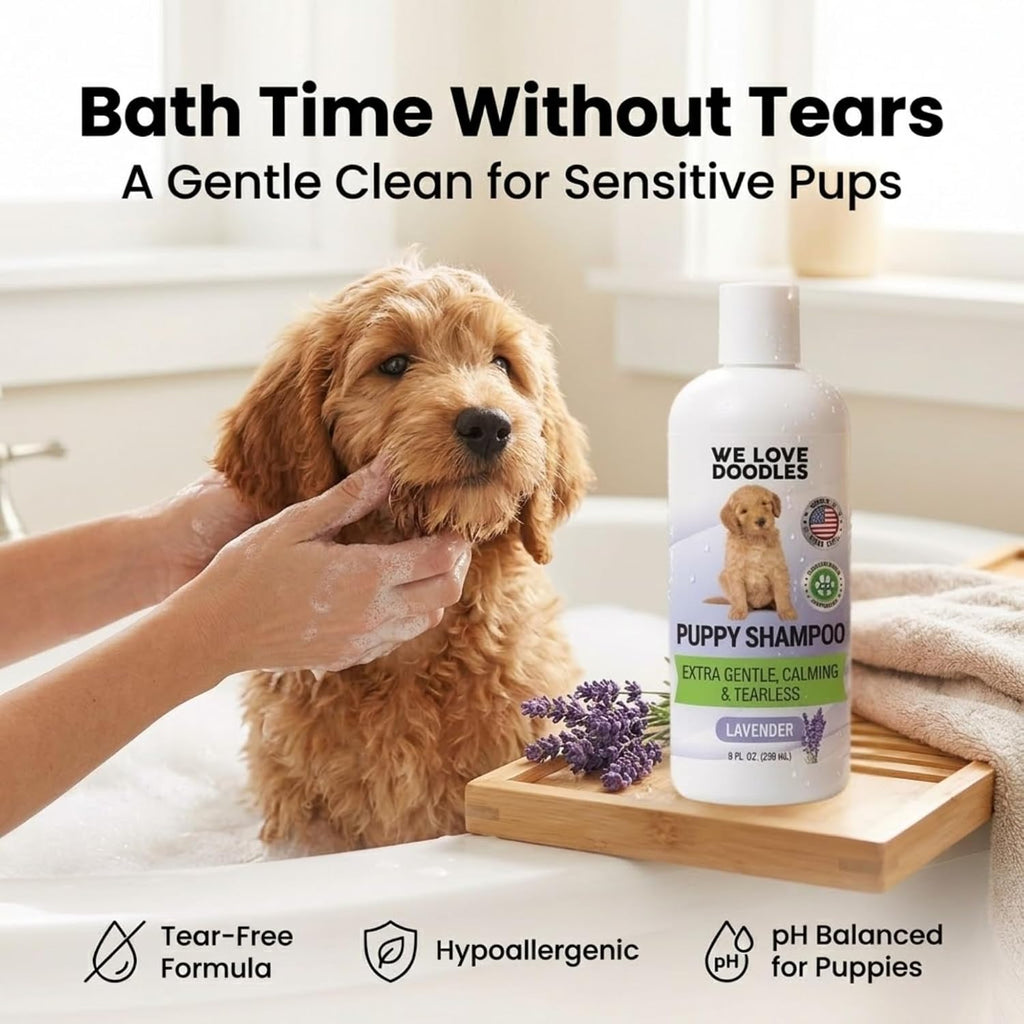 We Love Doodles sensitive skin oatmeal dog bath formula bottle details.
