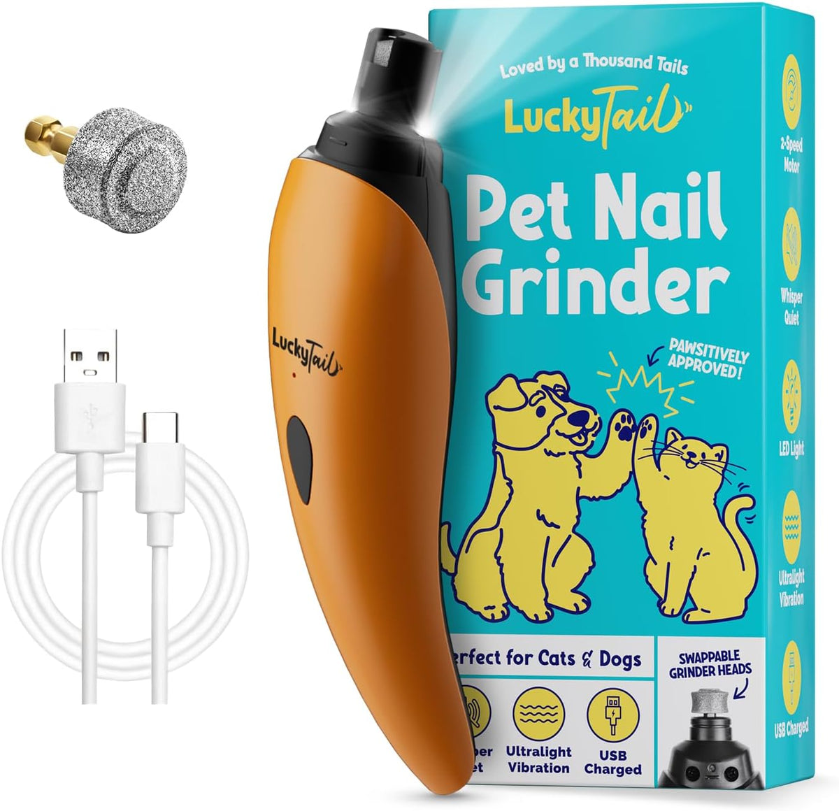 LUCKY TAIL Pet Nail Grinder for Dogs and Cats - Super Quiet and Low Vibration Electric Dog Nail Grinder with 2 LED Lights - USB Rechargeable and Cordless - 2 Speeds - Small to Large Pets - Teal - Image 9
