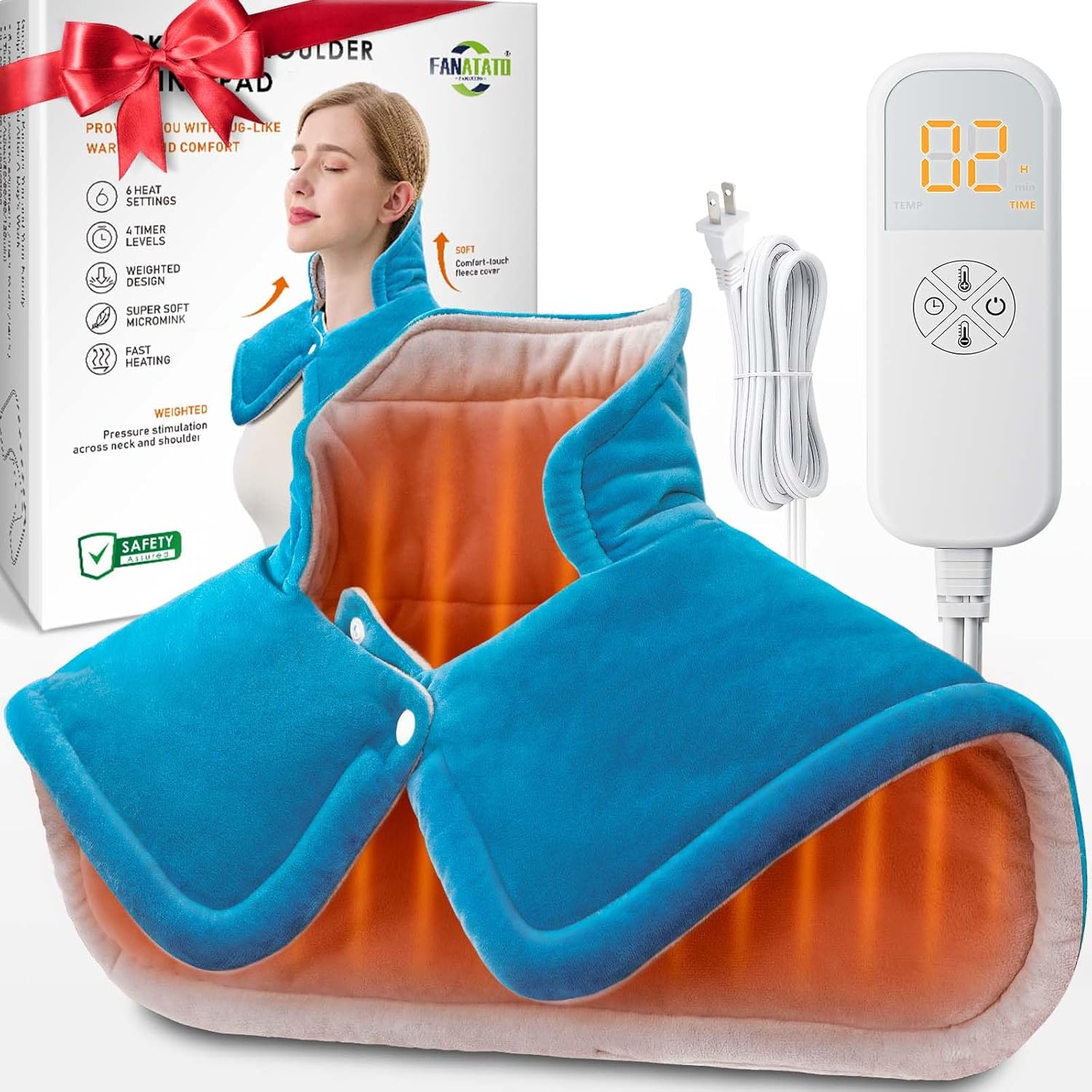 Fanatato weighted neck and shoulder heating pad front view draped on a person for thermal therapy.