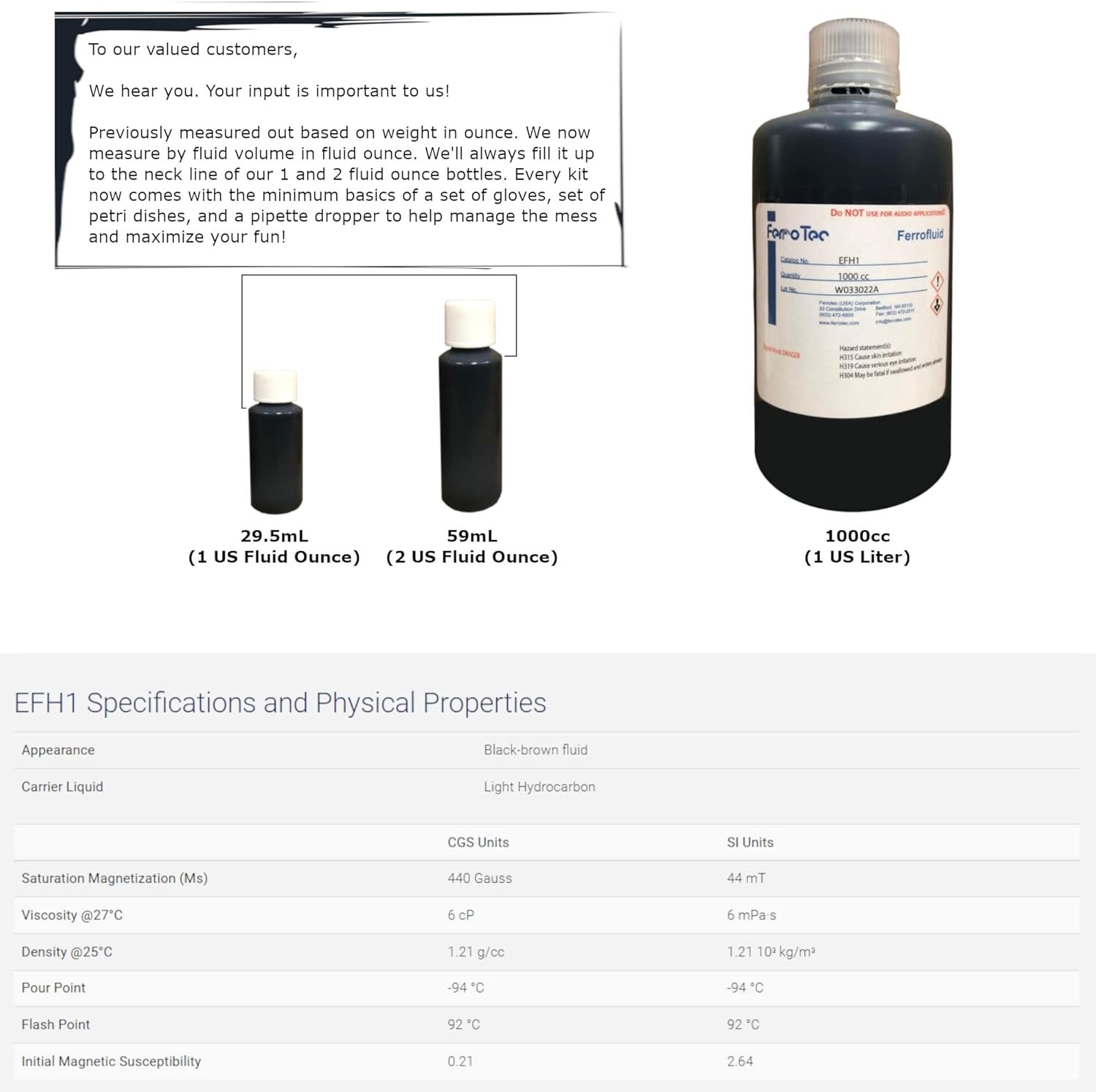 Two fluid ounce bottle of CMS Magnetics educational grade magnetic fluid next to protective rubber gloves