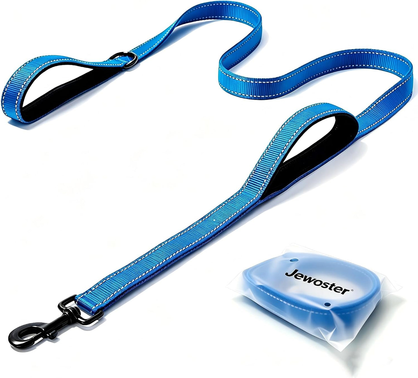 Thick metal D ring on the Jewoster dog leash holding a pet waste bag dispenser.