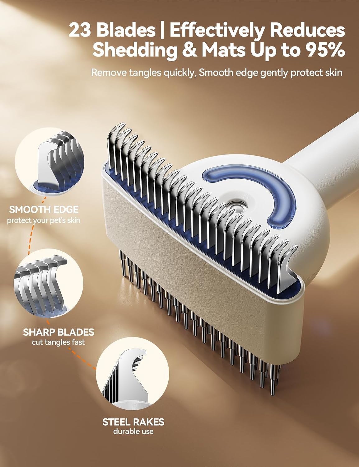 FeelNeedy pet grooming rake displaying the twenty-three tooth side cutting through fur mats.