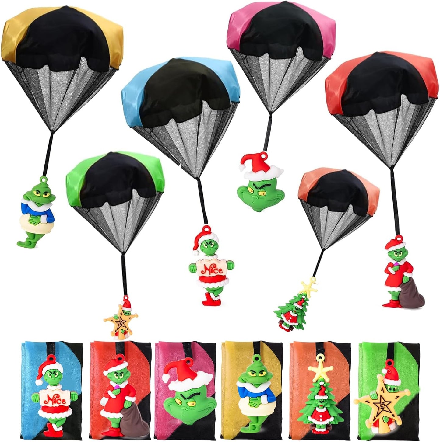 Rdogeia Christmas Parachute Toys 12-pack front view showing festive character figures.