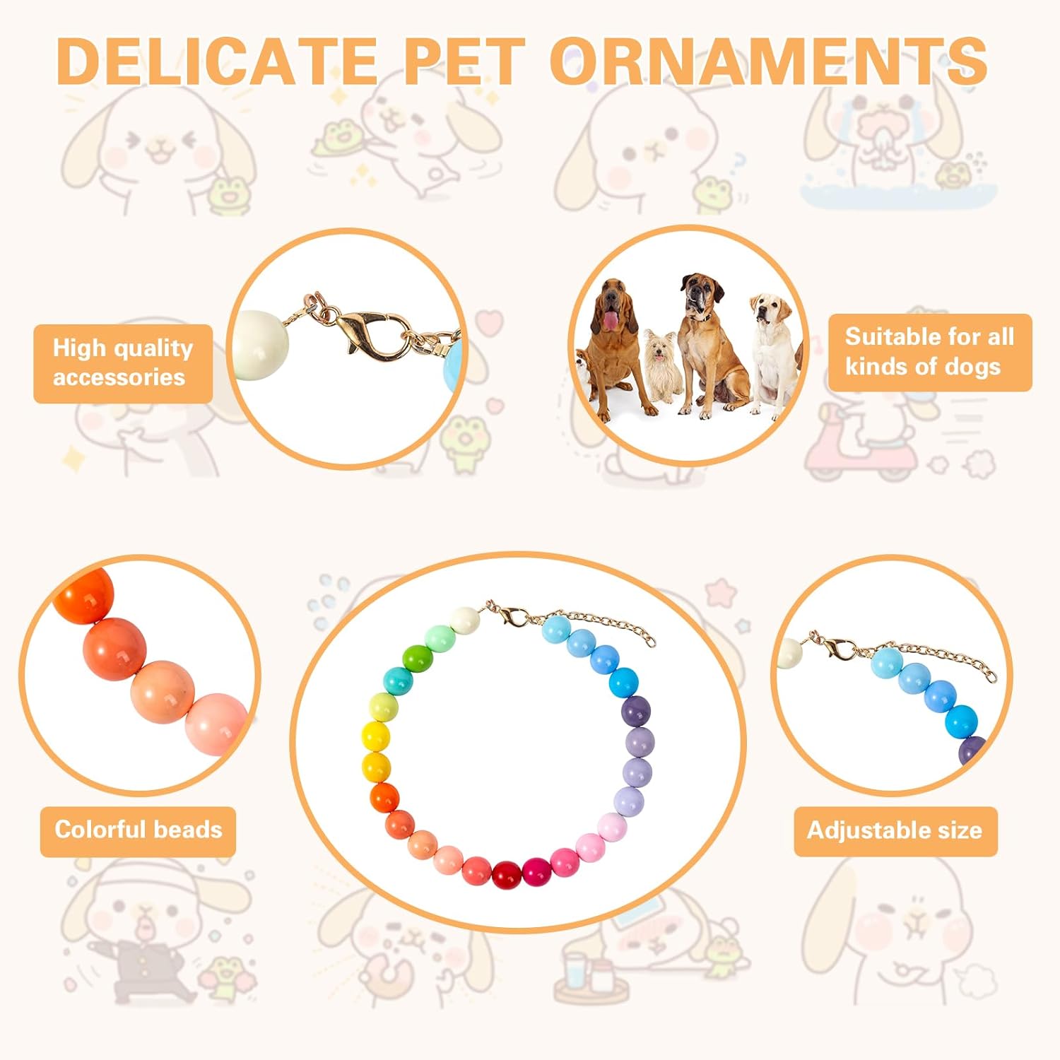 Side angle profile of the colorful acrylic bead pet collar demonstrating layout pattern.