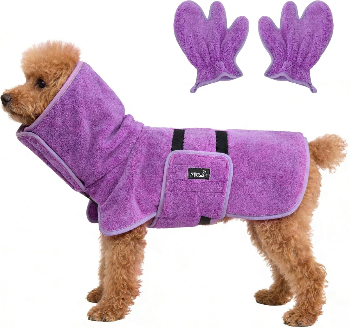 Mihachi Dog Bathrobe Towel Wrap Fast Drying with Drying Gloves Set, Super Absorbent Coral Fleece Dog Drying Coat Bath Robe for Puppy, Medium & Large Dogs, Adjustable Collar & Belly Strap, Blue L - Image 10