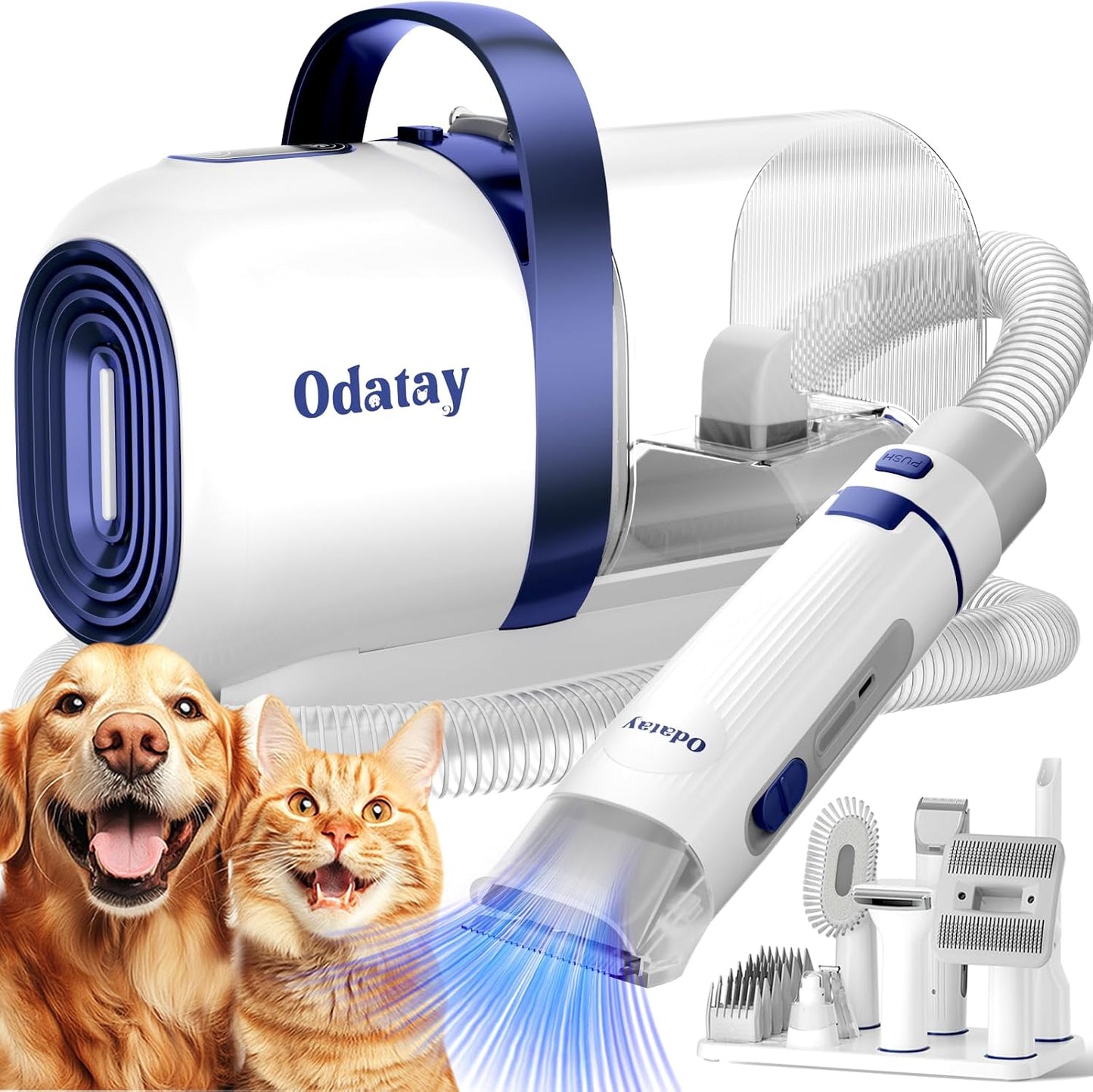 Odatay pet grooming vacuum kit front view featuring blue and white design with tools