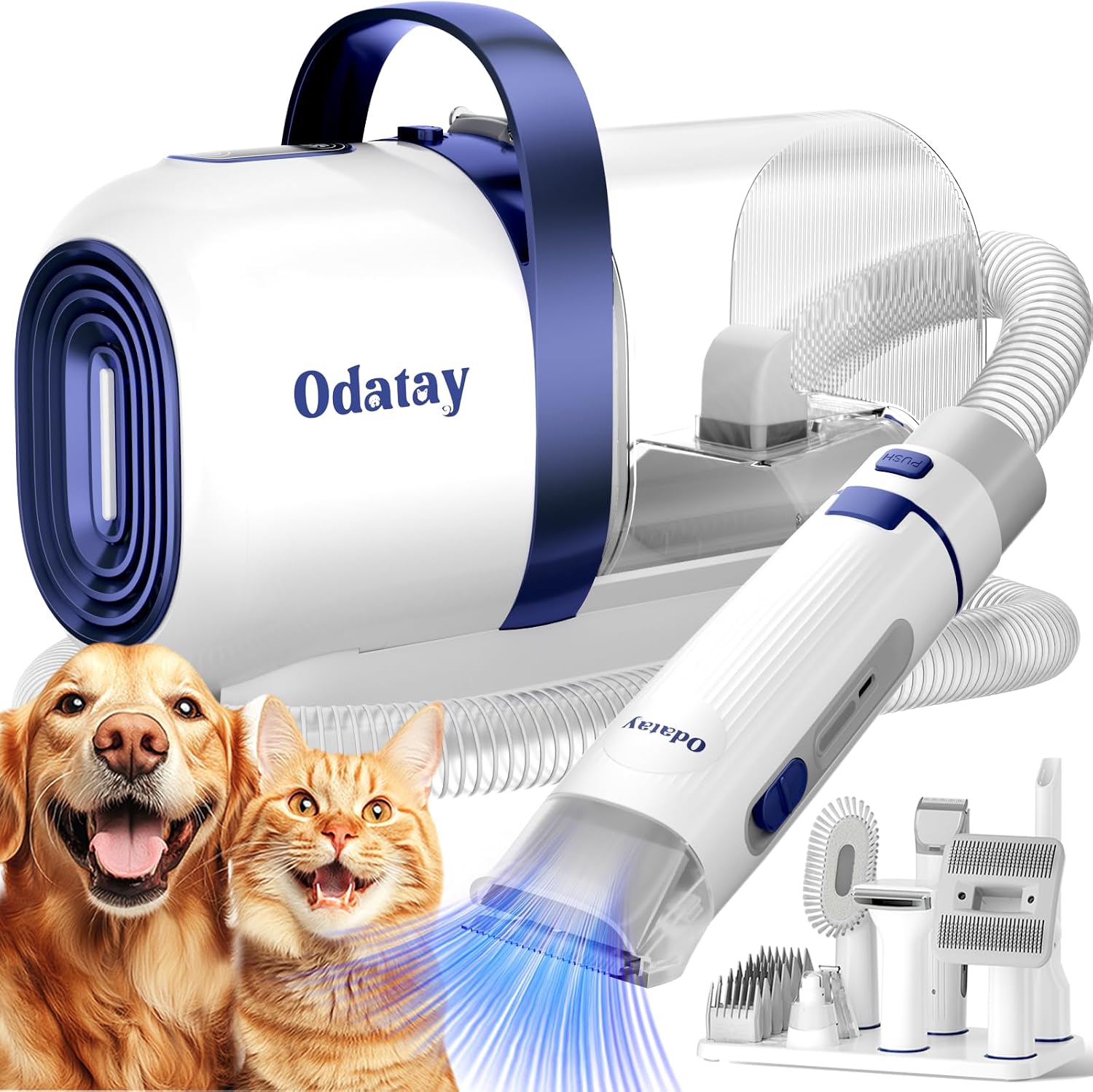 Odatay pet grooming vacuum kit front view featuring blue and white design with tools