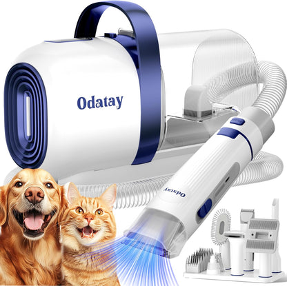 Odatay pet grooming vacuum kit front view featuring blue and white design with tools