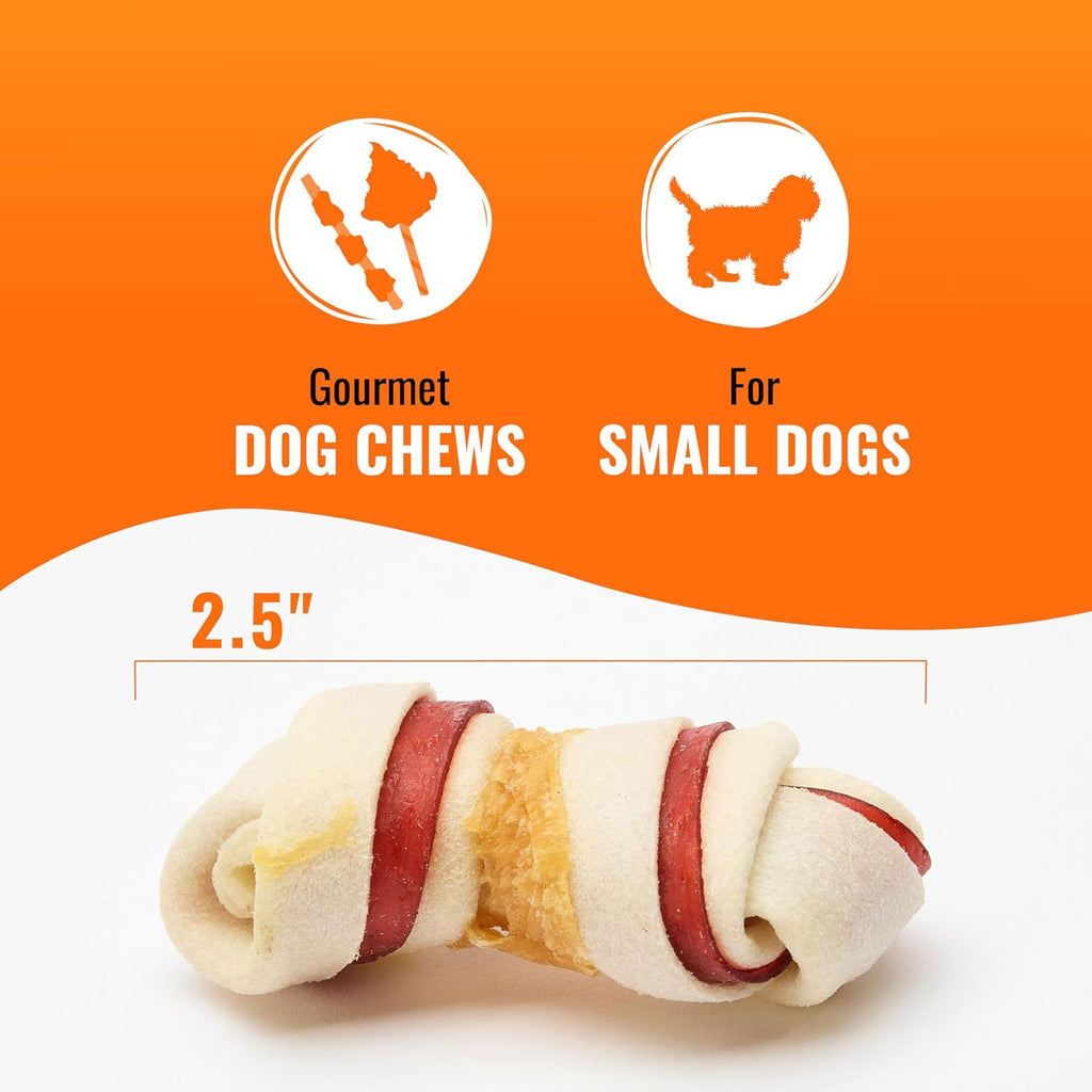 Twenty five count pack of imported small dog rawhide chews close up