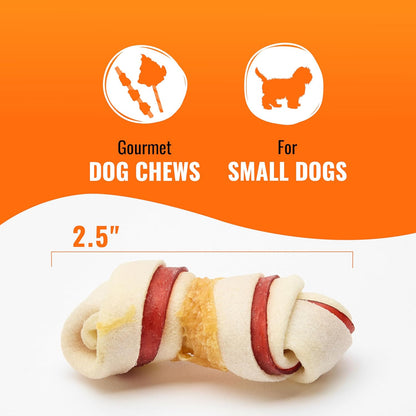 Twenty five count pack of imported small dog rawhide chews close up