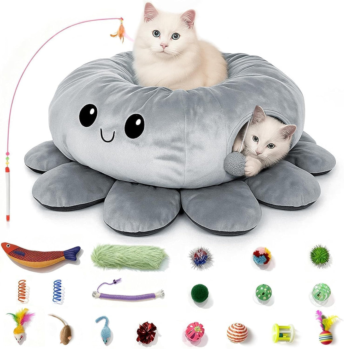 Cat Tunnel Bed with 20 Cat Toys, Collapsible Play Tunnel for Indoor Cats, Kitten Toys for Indoor Kittens, Octopus Shaped - Image 10
