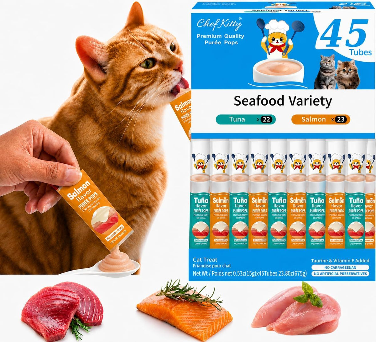 Cat Treats Lickable | Grain-Free Cat Food Toppers, High Protein | Creamy Puree Squeeze Ups with Vitamin E & Taurine, Digestible Formula | 0.5 oz. Each Tube, Chicken & Seafood Mix Variety | 45 Tubes - Image 13