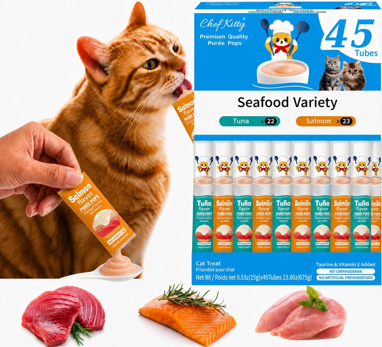 Cat Treats Lickable | Grain-Free Cat Food Toppers, High Protein | Creamy Puree Squeeze Ups with Vitamin E & Taurine, Digestible Formula | 0.5 oz. Each Tube, Chicken & Seafood Mix Variety | 20 Tubes - Image 12