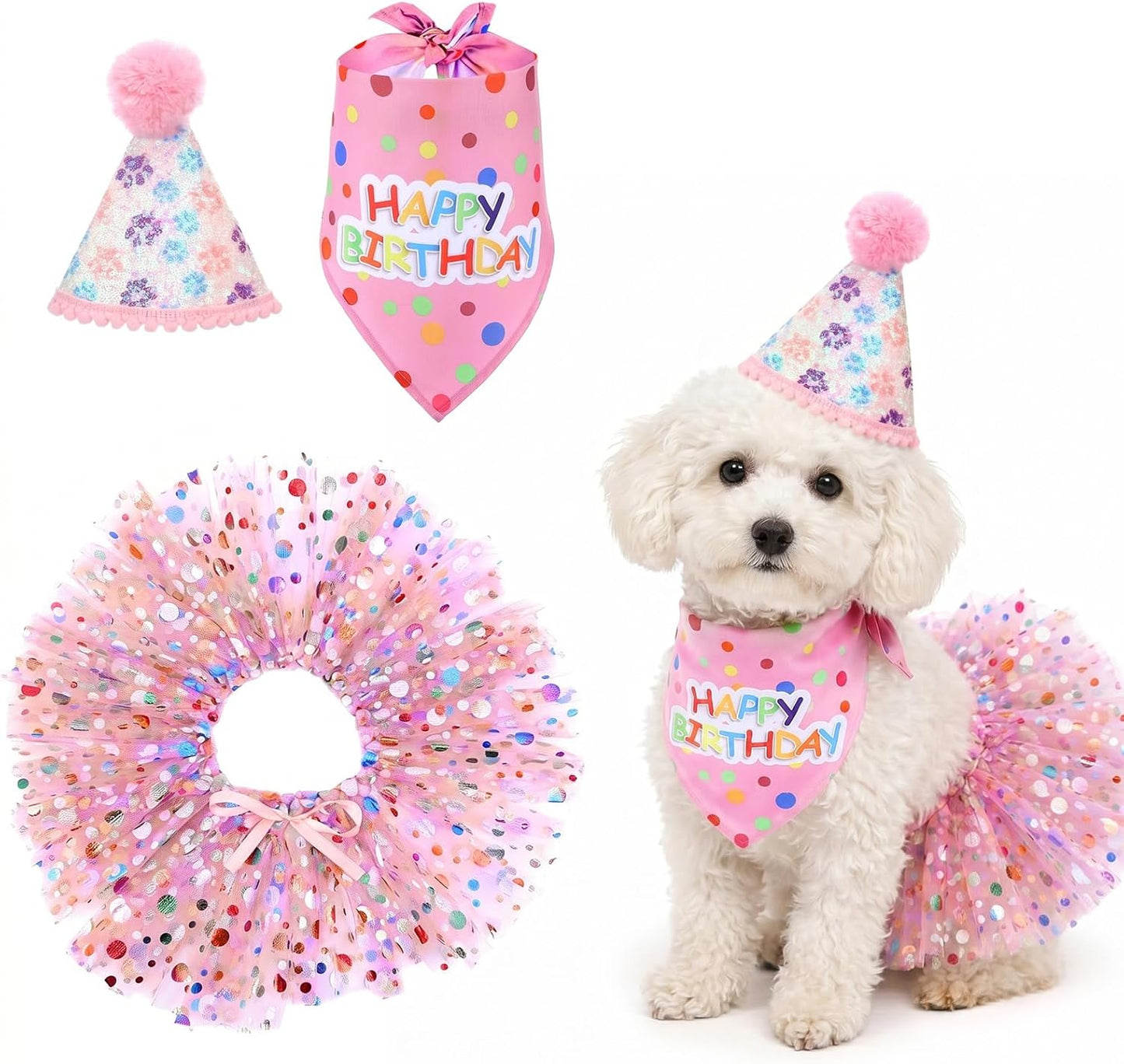 Dog Birthday Bandana with Hat and Dress Girl Set Puppy Birthday Party Supplies Cute Tutu Skirt Outfit for Small Medium Large Dogs Decorations(Pink) - Image 9