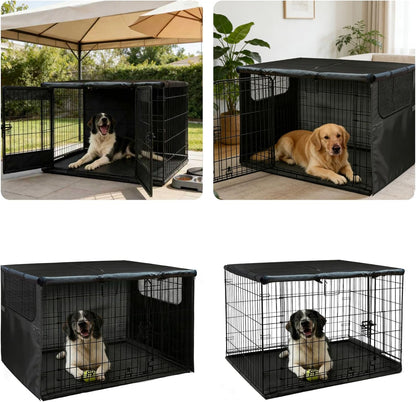 TENTVIA 42 inch black dog kennel cover with front zippered door panel rolled up for easy access