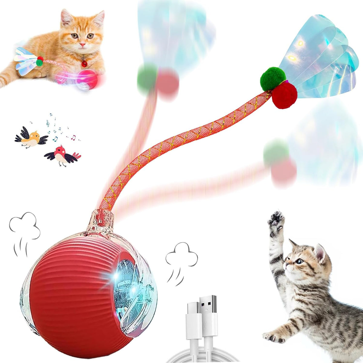 Speedy 2.0 Tail 2 Packs Interactive Cat Toys for Indoor Cats, Automatic Cat Toy with Elastic Mesh Tail, Electric Rolling Ball on Carpet, Chirping and Motion Activate Cat - Image 10