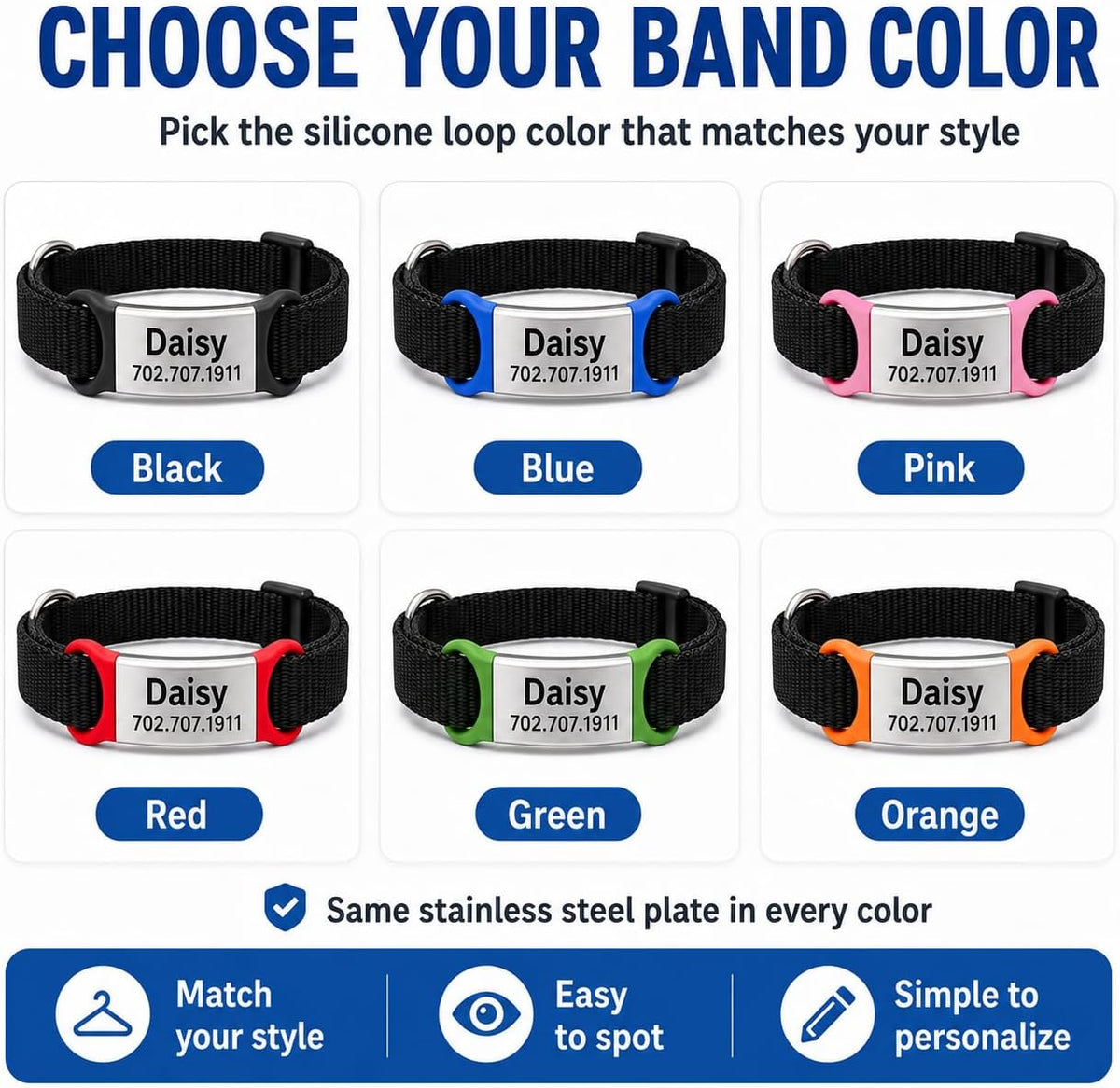 Durable flat mounting silent pet tag on dog harness