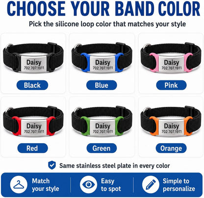 Durable flat mounting silent pet tag on dog harness