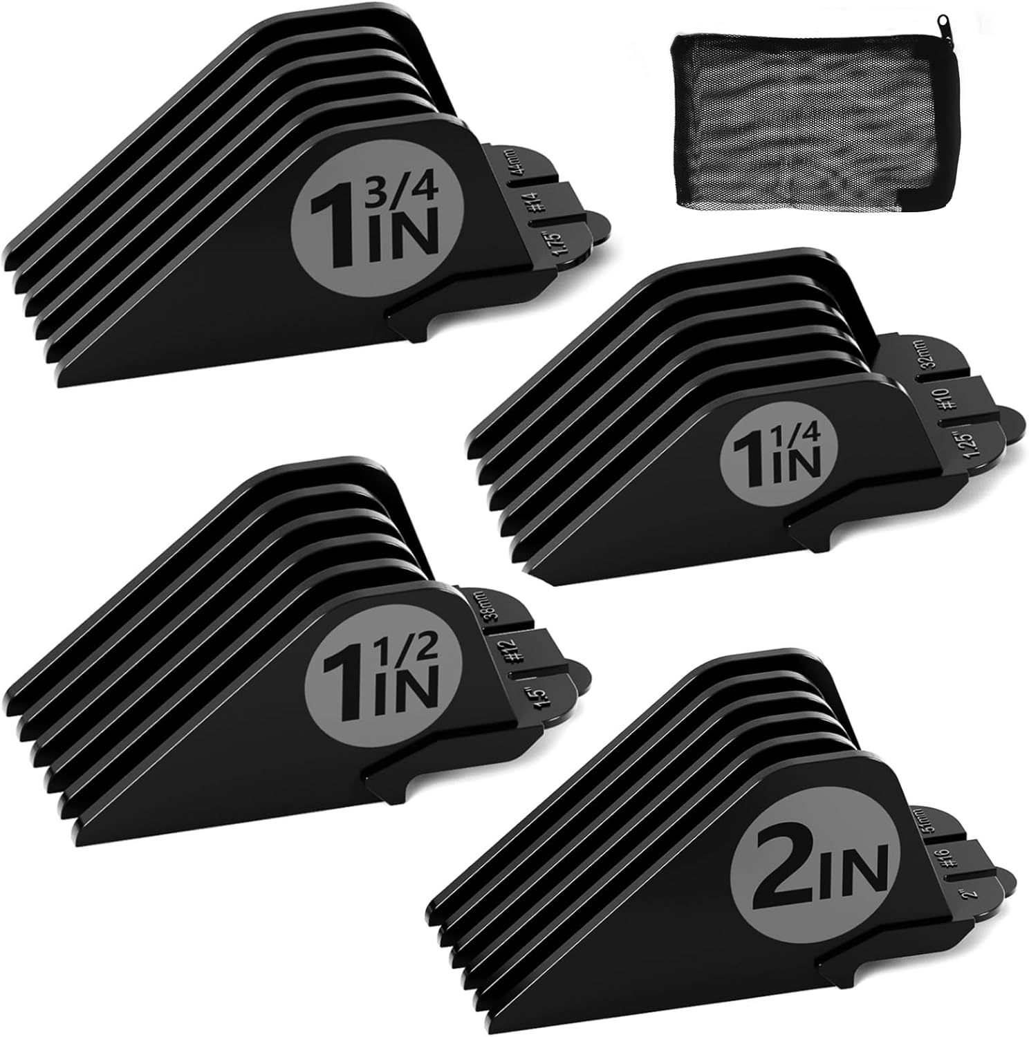 CR8GR8 extra long hair clipper guards set front view displaying four black premium guide combs aligned in size order.