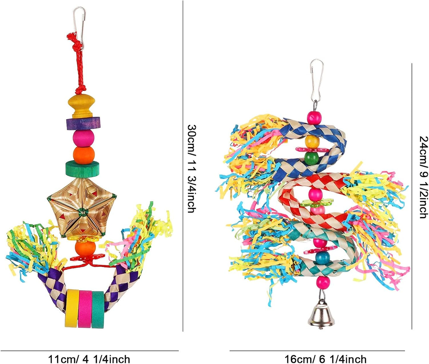 Five distinct varieties of interactive bird cage accessories arranged together