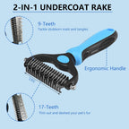 Dual-sided pet undercoat rake from the EAFBAO grooming kit displaying the nine and seventeen teeth sides
