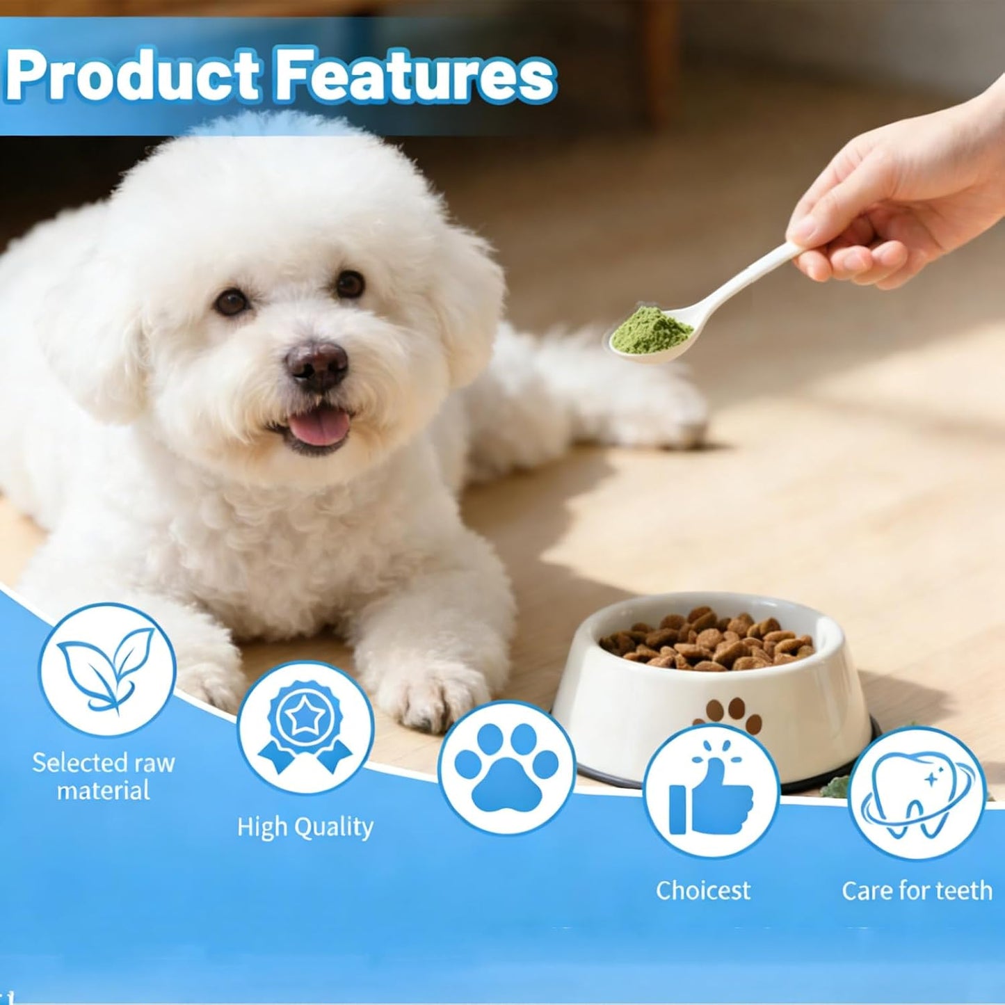 Natural dog plaque remover powder packaging close up view