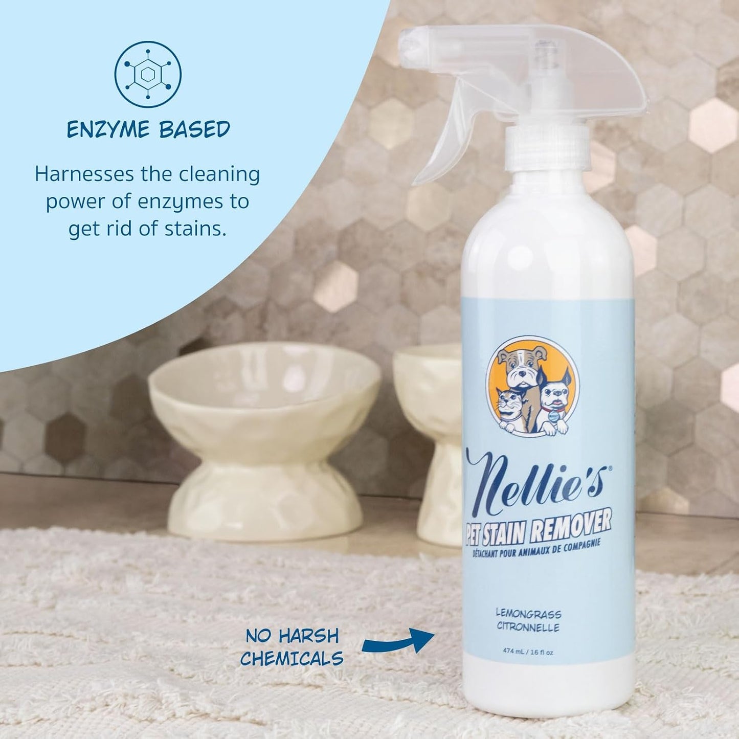 Nellies pet safe carpet cleaning spray highlighting the eco friendly ingredients list