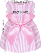 Pink and white striped seersucker puppy skirt featuring large satin bow.