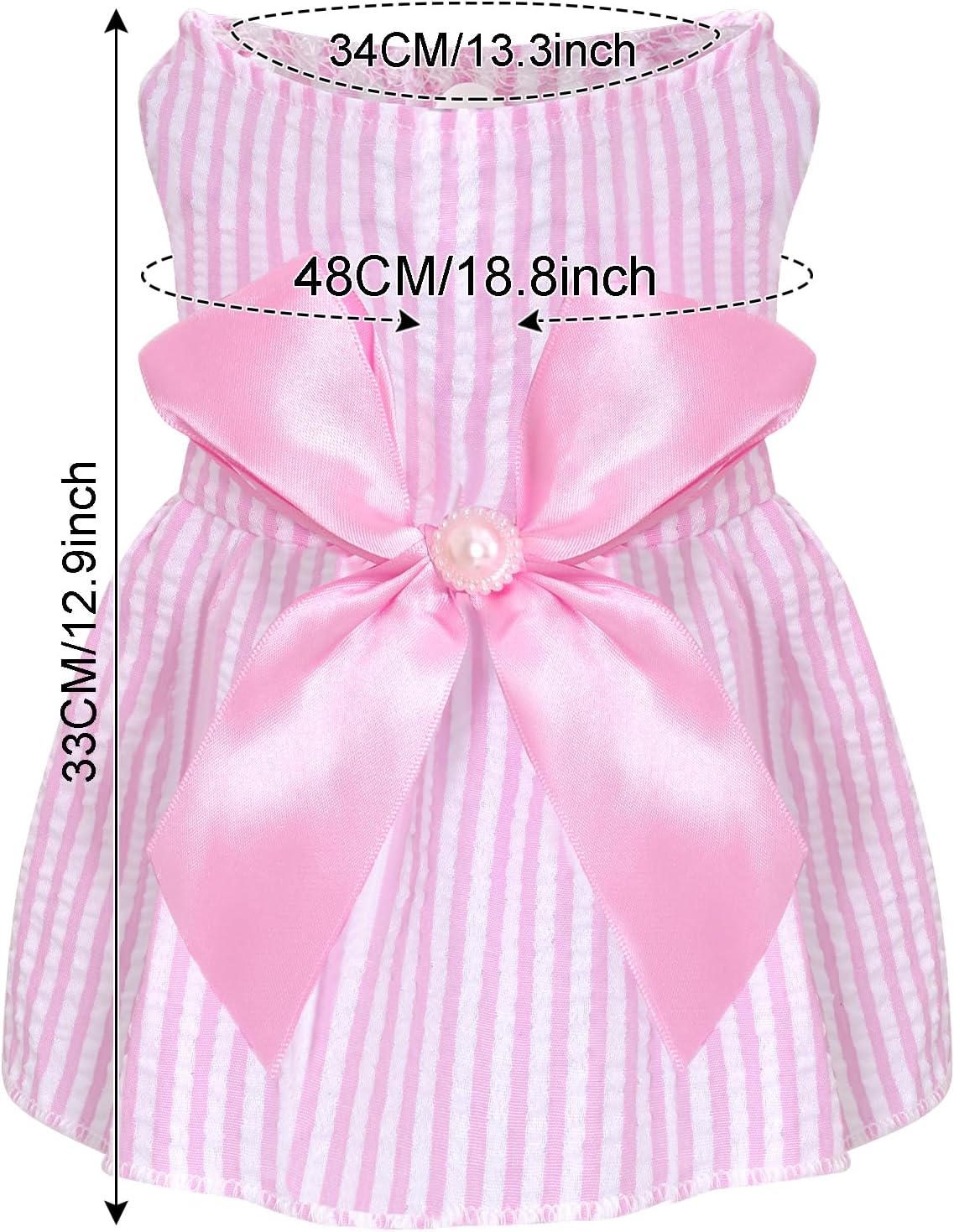 Pink and white striped seersucker puppy skirt featuring large satin bow.