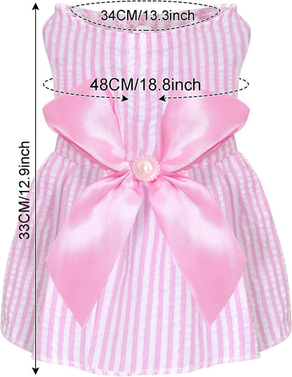 Pink and white striped seersucker puppy skirt featuring large satin bow.