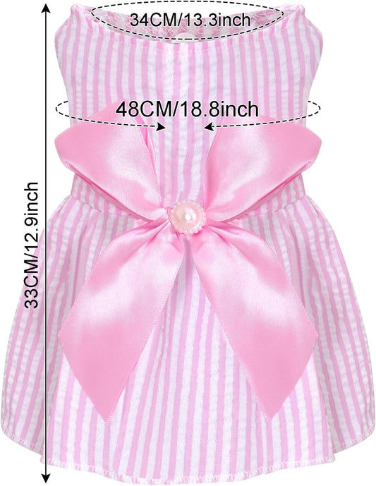 Pink and white striped seersucker puppy skirt featuring large satin bow.