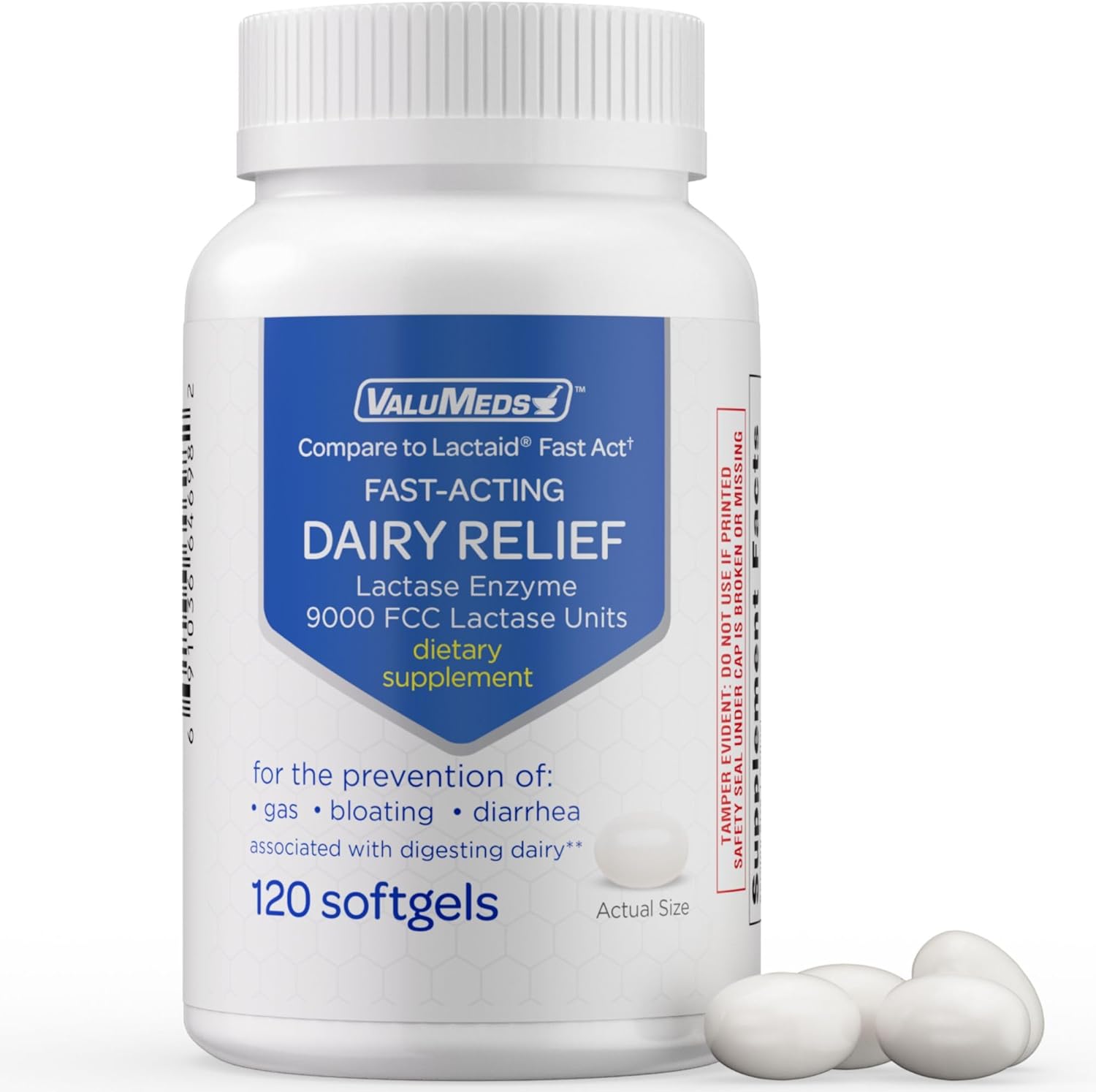 ValuMeds Fast Acting Dairy Relief Lactase Enzyme 120 Softgels front bottle view for lactose intolerance relief