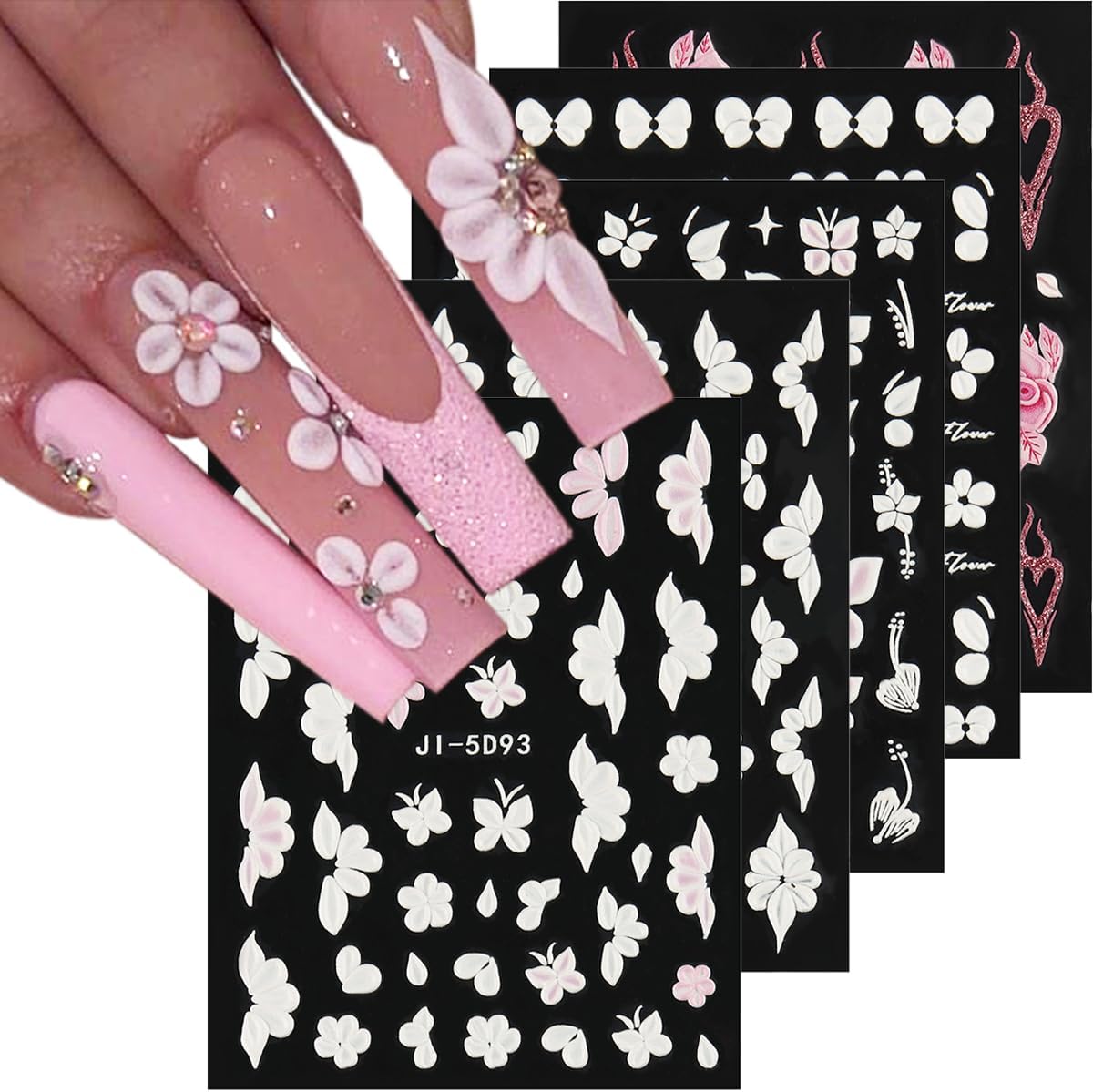 Thr3e Strokes 5D embossed white flower nail art stickers set