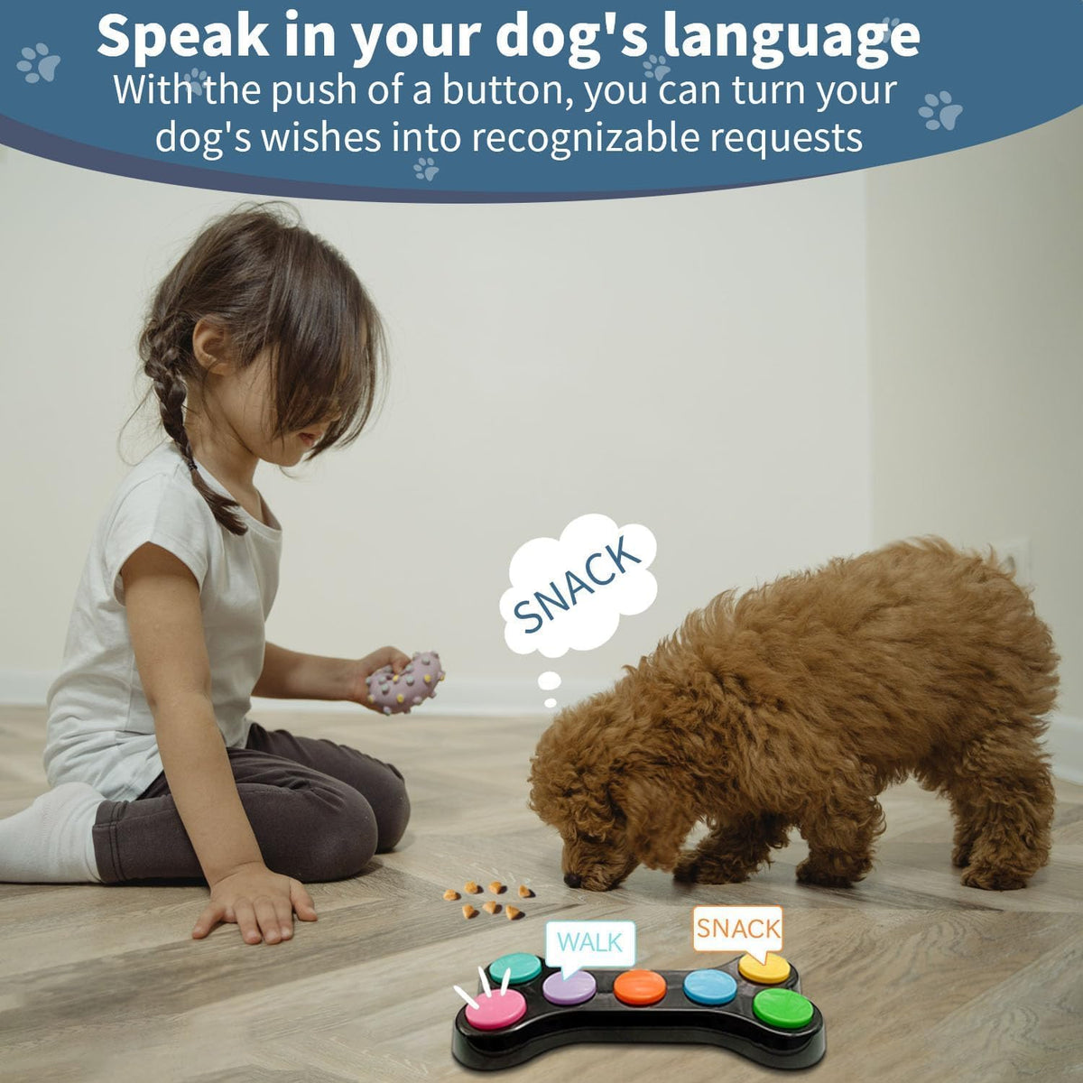 Dog interacting with vibrant communication buzzers on non slip mat