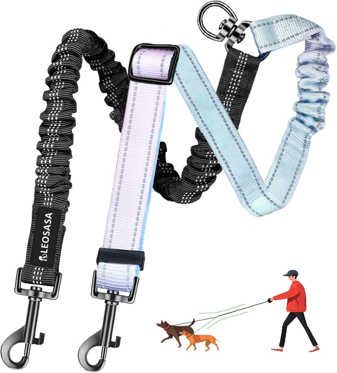 LEOSASA double dog leash front view showing gradient and black adjustable straps