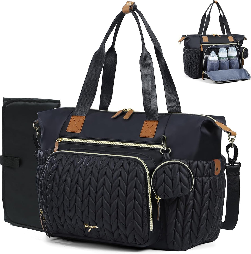 Tonyeee diaper bag tote front view with herringbone pattern