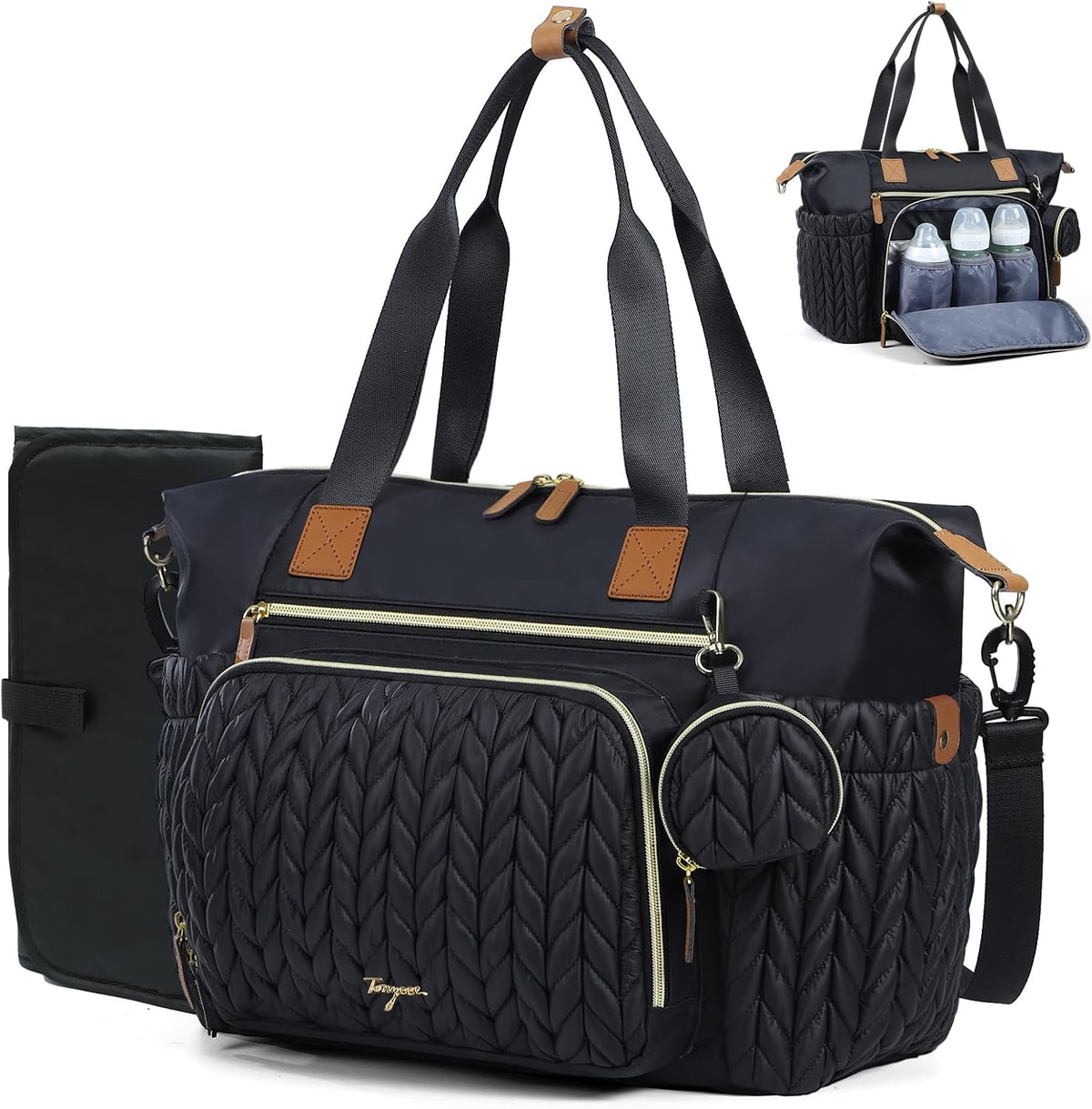 Tonyeee diaper bag tote front view with herringbone pattern
