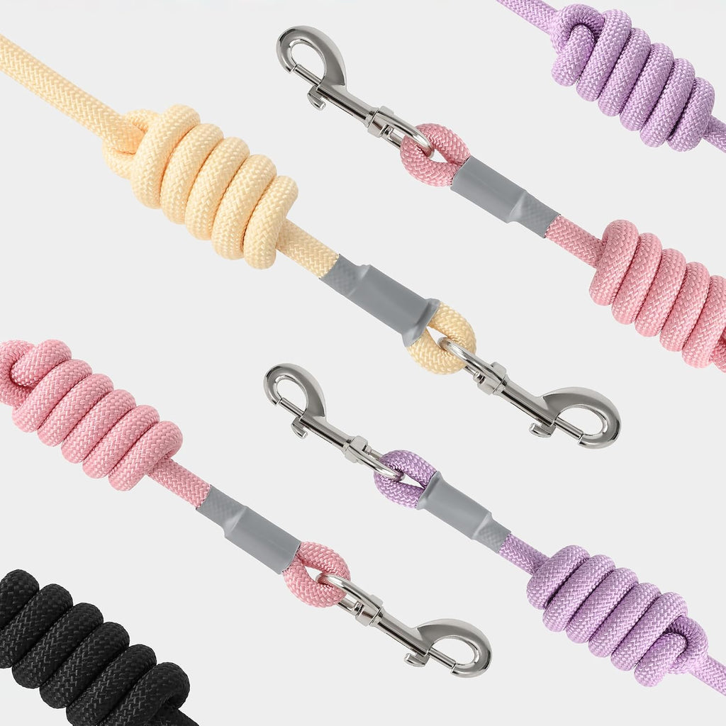 Side view of the thick one half inch diameter pink rope leash by Mile High Life.