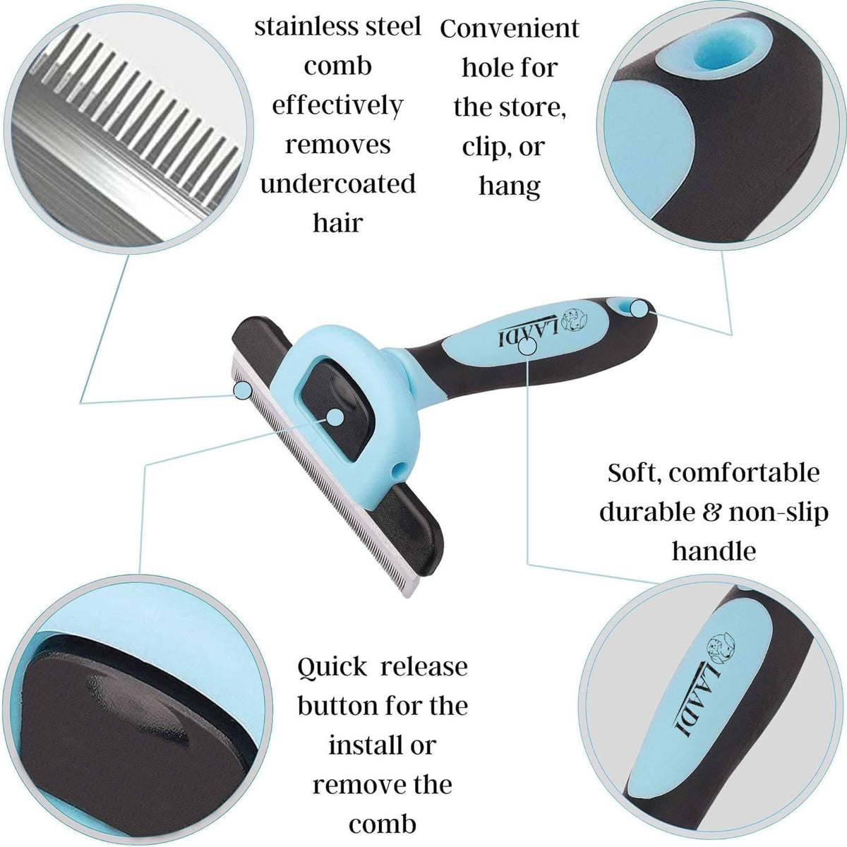Close up of stainless steel skin massage needles on the grooming comb