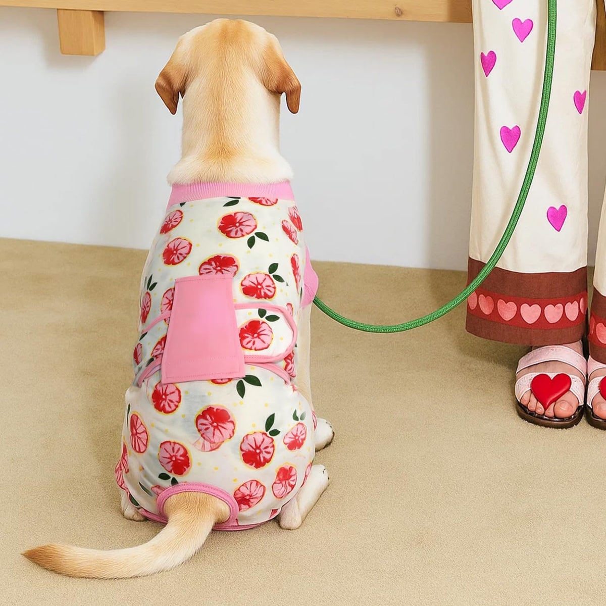 OPAW pet bodysuit side view showing high-elastic breathable fabric