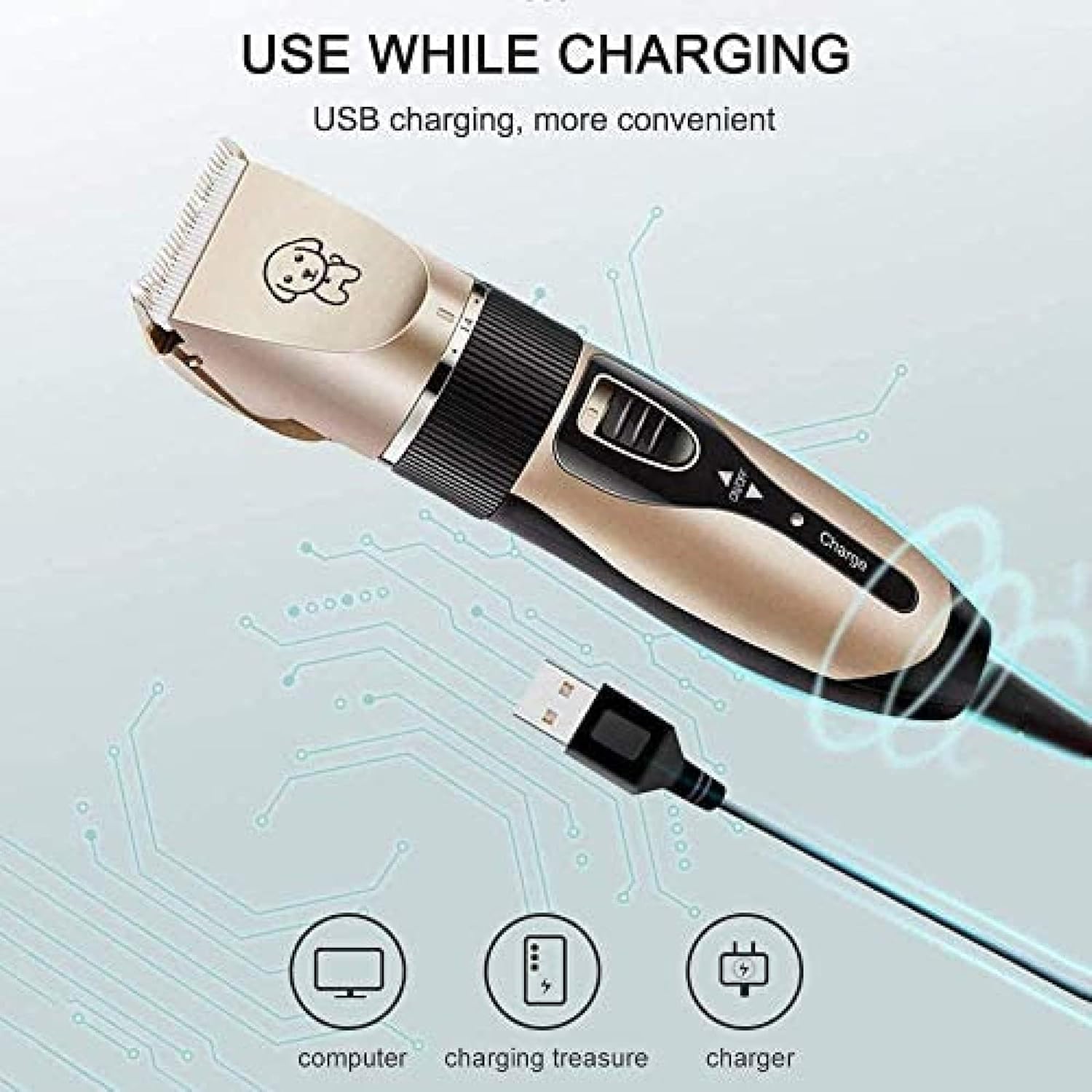 Yasao gold pet hair trimmer being charged via power cable