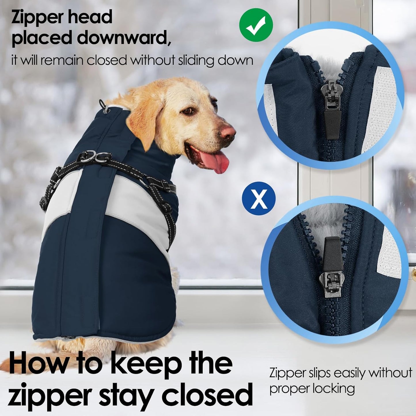 Elastic chest detail on dog puffer jacket navy blue