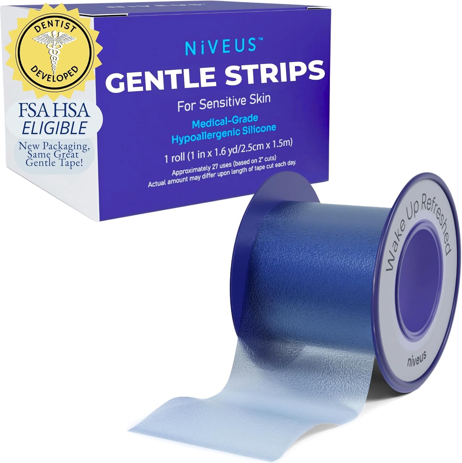 Niveus Gentle Silicone Tape Strips front view of packaging and blue roll