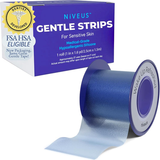 Niveus Gentle Silicone Tape Strips front view of packaging and blue roll