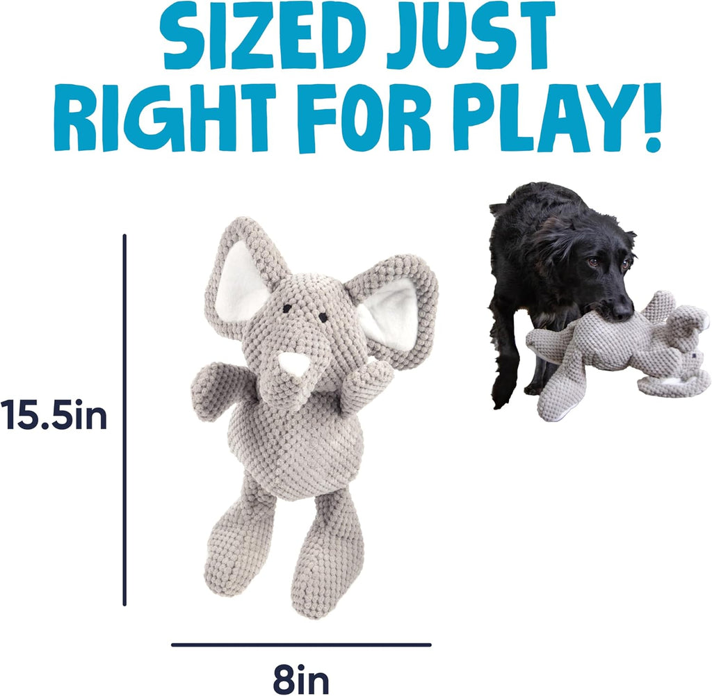 Large gray elephant squeaky dog toy with reinforced double stitched seams.