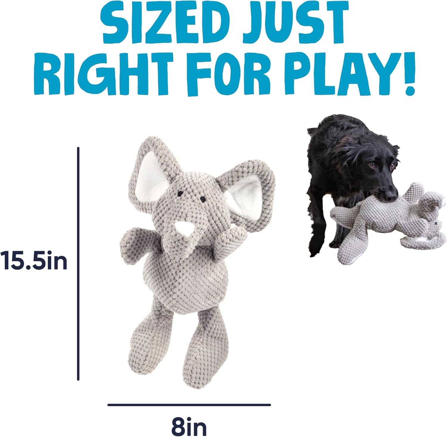Large gray elephant squeaky dog toy with reinforced double stitched seams.