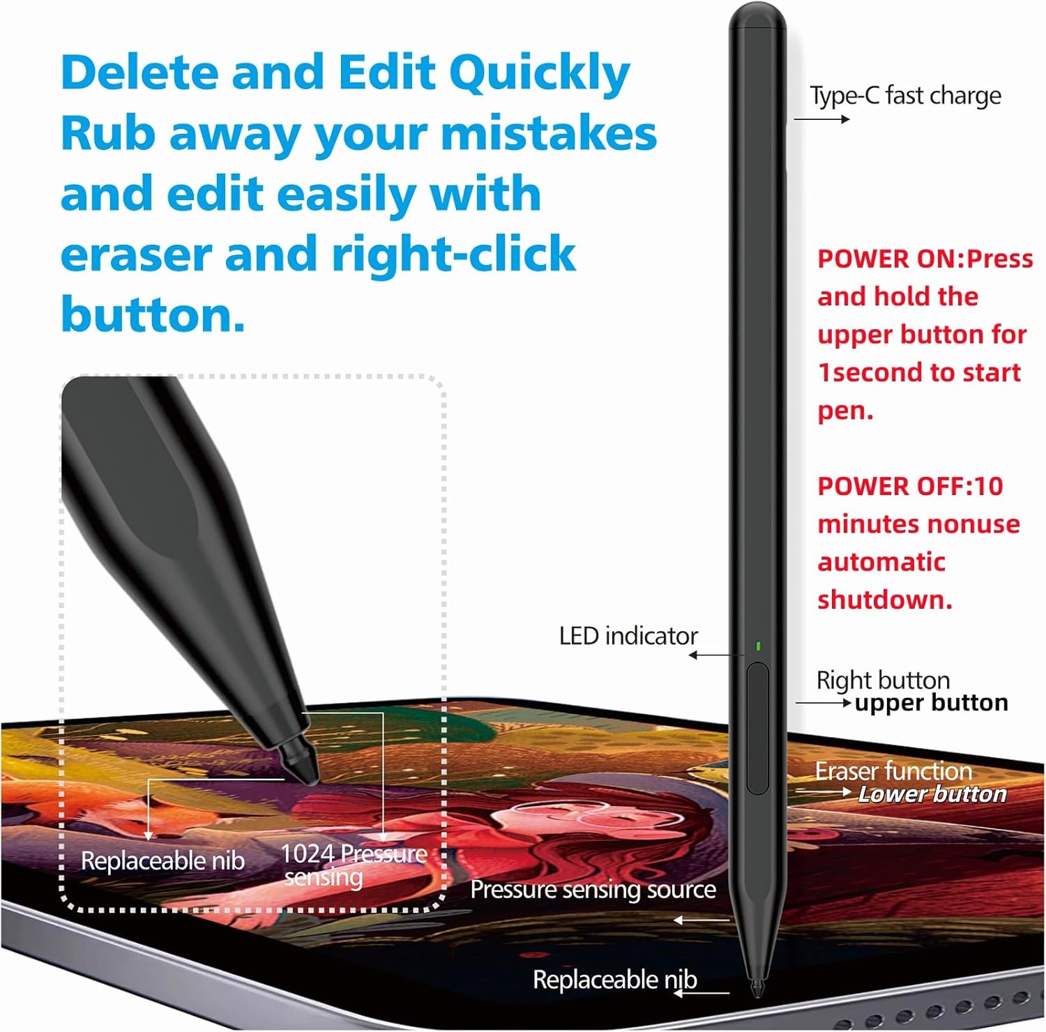 Precision drawing pen illustrating tilt sensor shading performance on a digital screen